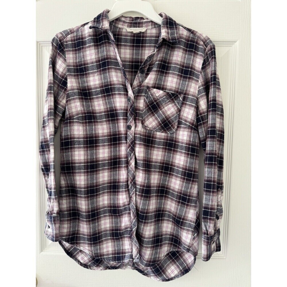 Beach Lunch Lounge Women's Plaid Long Sleeve Button Down cotton Shirt size XS